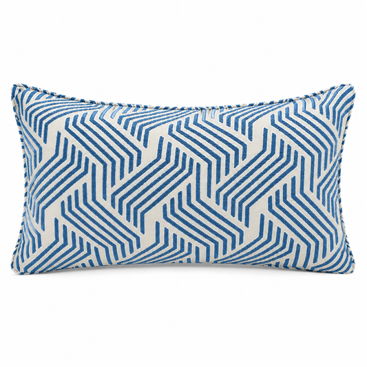Coussin rectangulaire motif graphique bleu et écru