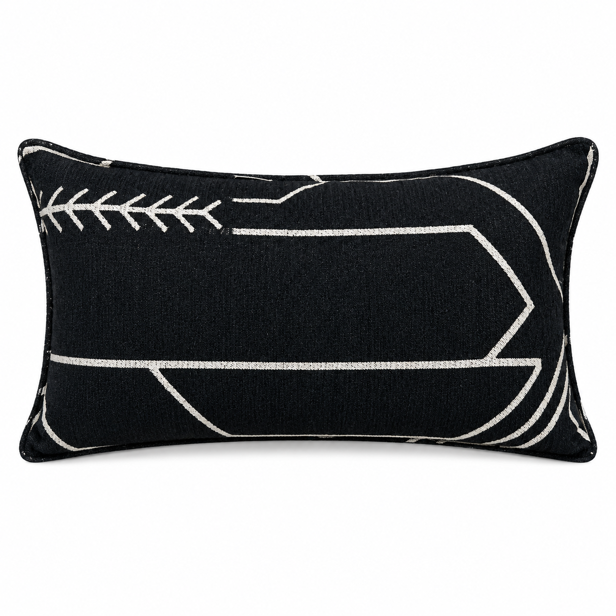 Coussin rectangulaire noir à motif graphique blanc