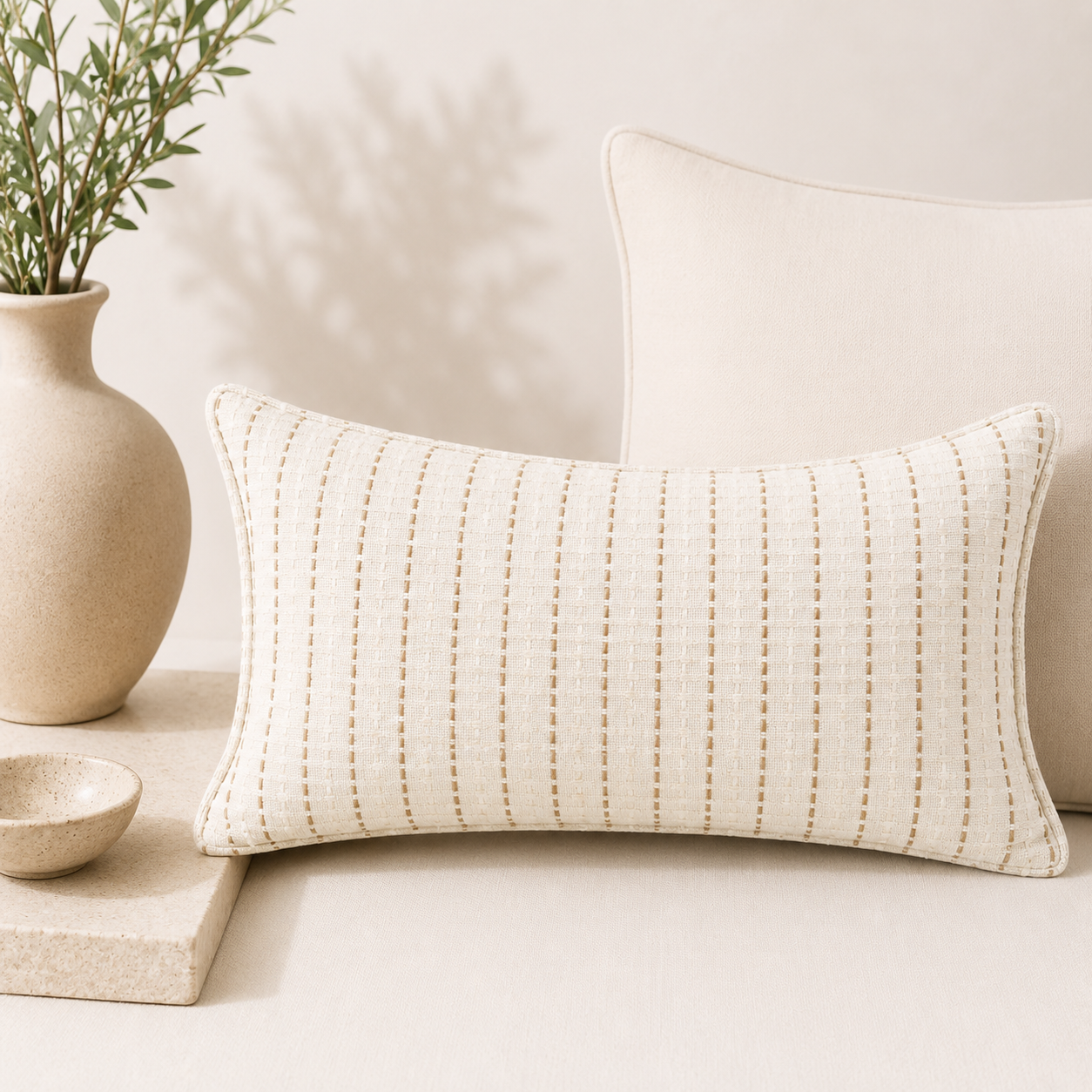 Coussin rectangulaire écru à fines rayures beiges en tissu tissé au Maroc, présenté sur un canapé dans une ambiance chaleureuse et contemporaine aux tons naturels.