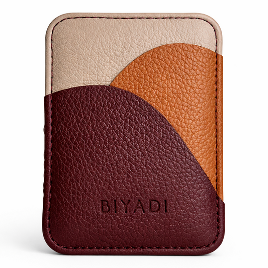 Porte-cartes en cuir bordeaux, beige et camel Biyadi Collection, au design élégant et compact, idéal pour ranger cartes bancaires et cartes de visite.