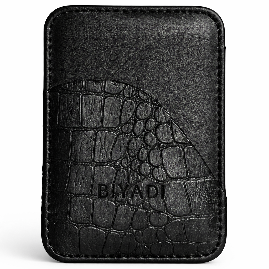 Porte-cartes en cuir noir Biyadi Collection avec finition effet crocodile, format compact, élégant et pratique pour cartes bancaires et cartes de visite.