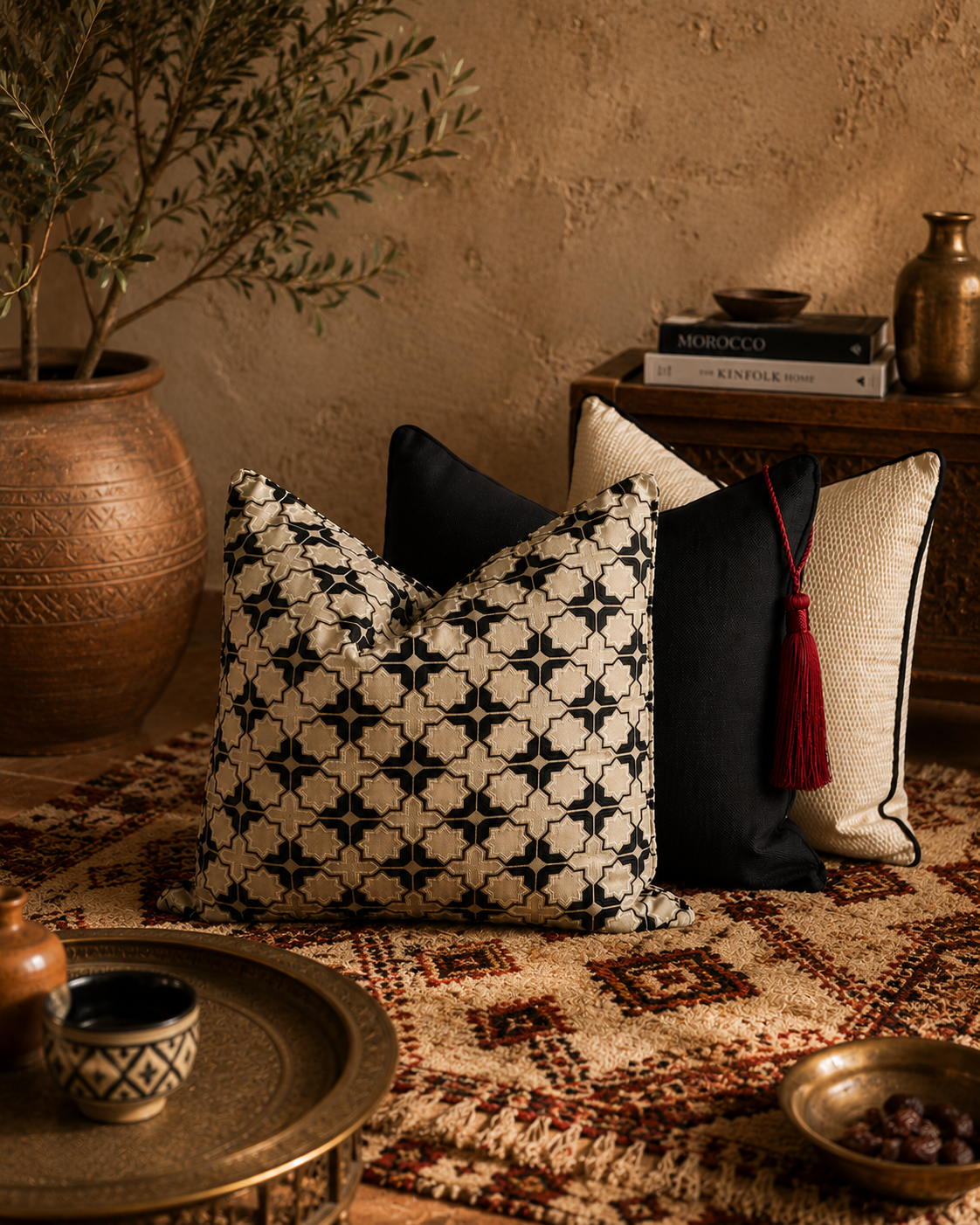 Composition de coussins décoratifs noir, beige et bordeaux dans un salon néobeldi marocain avec tapis berbère, décoration artisanale et ambiance chaleureuse.
