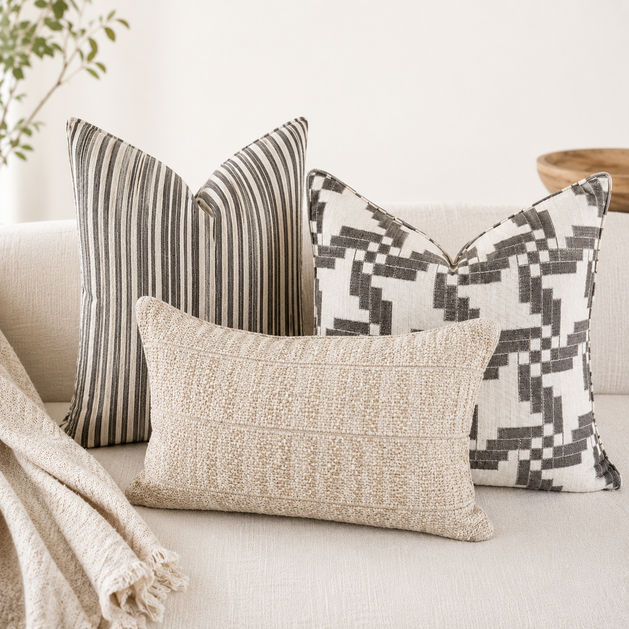 Composition de coussins décoratifs en tissu tissé au Maroc avec motifs rayés taupe, motif géométrique taupe et écru et coussin bouclette beige, disposés sur un canapé dans un salon moderne et élégant
