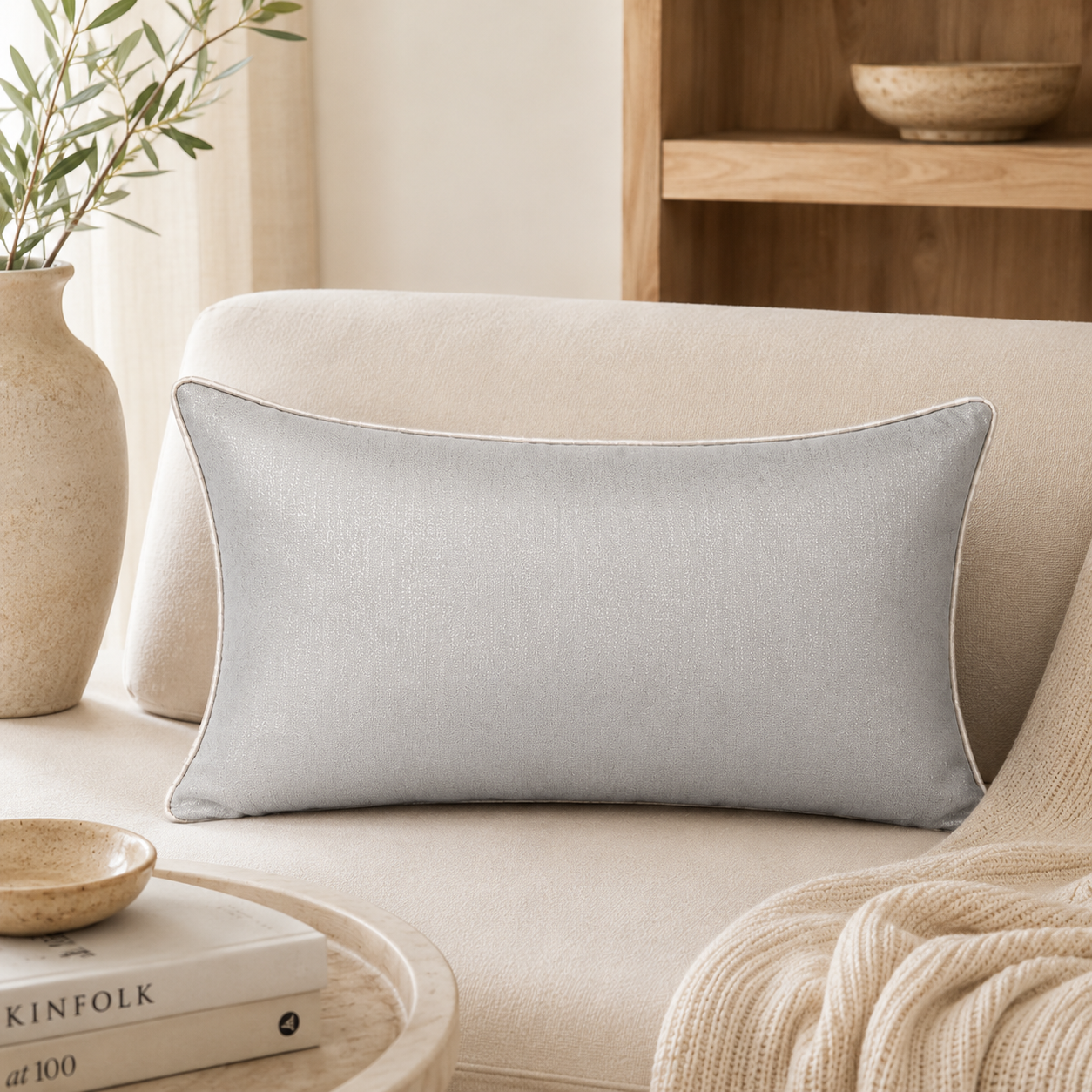 Coussin décoratif rectangulaire en vtoile bleu ciel, présenté sur un canapé dans un salon moderne aux tons naturels, apportant une touche élégante et lumineuse à la décoration intérieure.