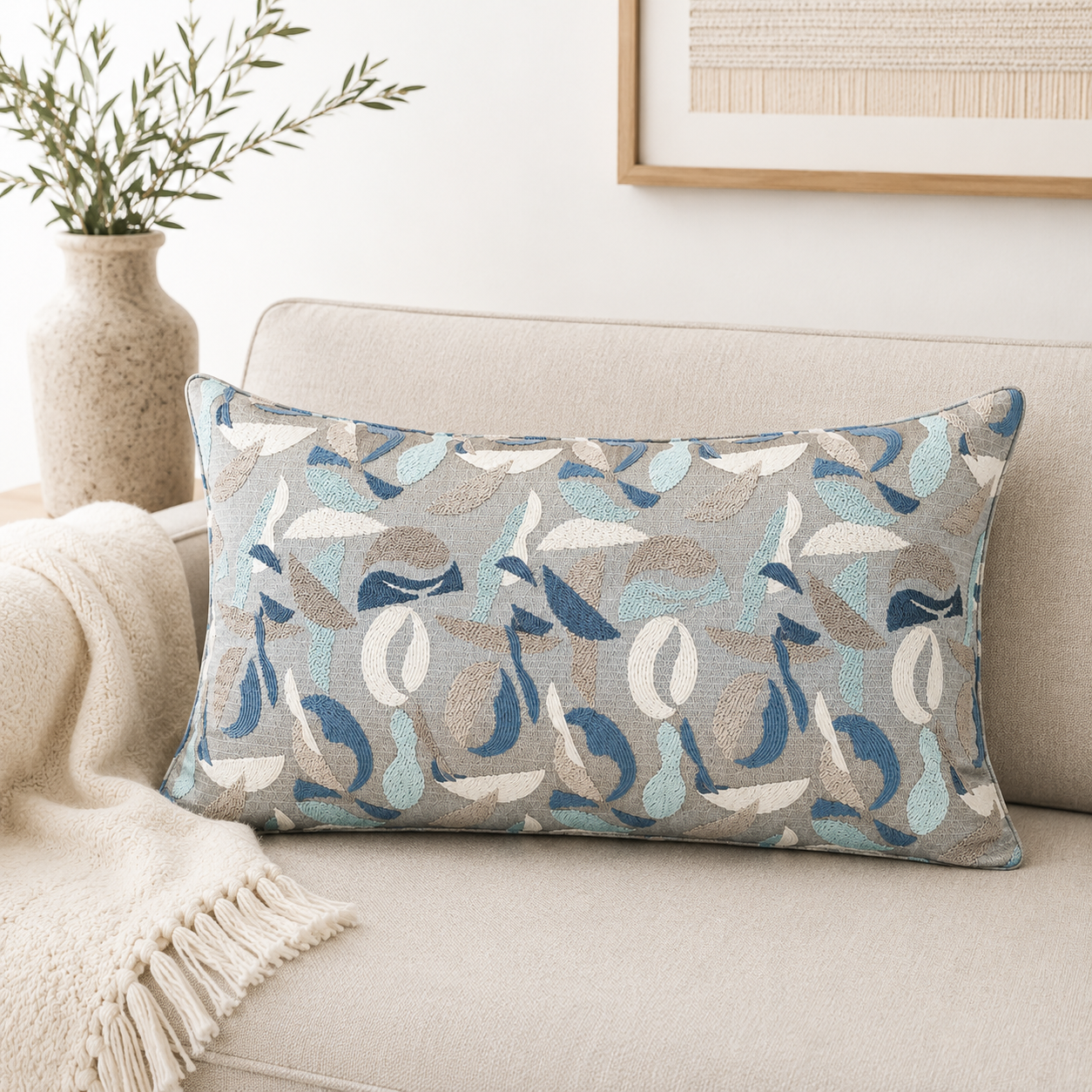 Coussin rectangulaire gris et bleu