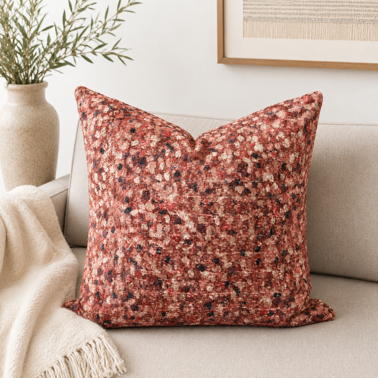 Coussin velour corail à motifs