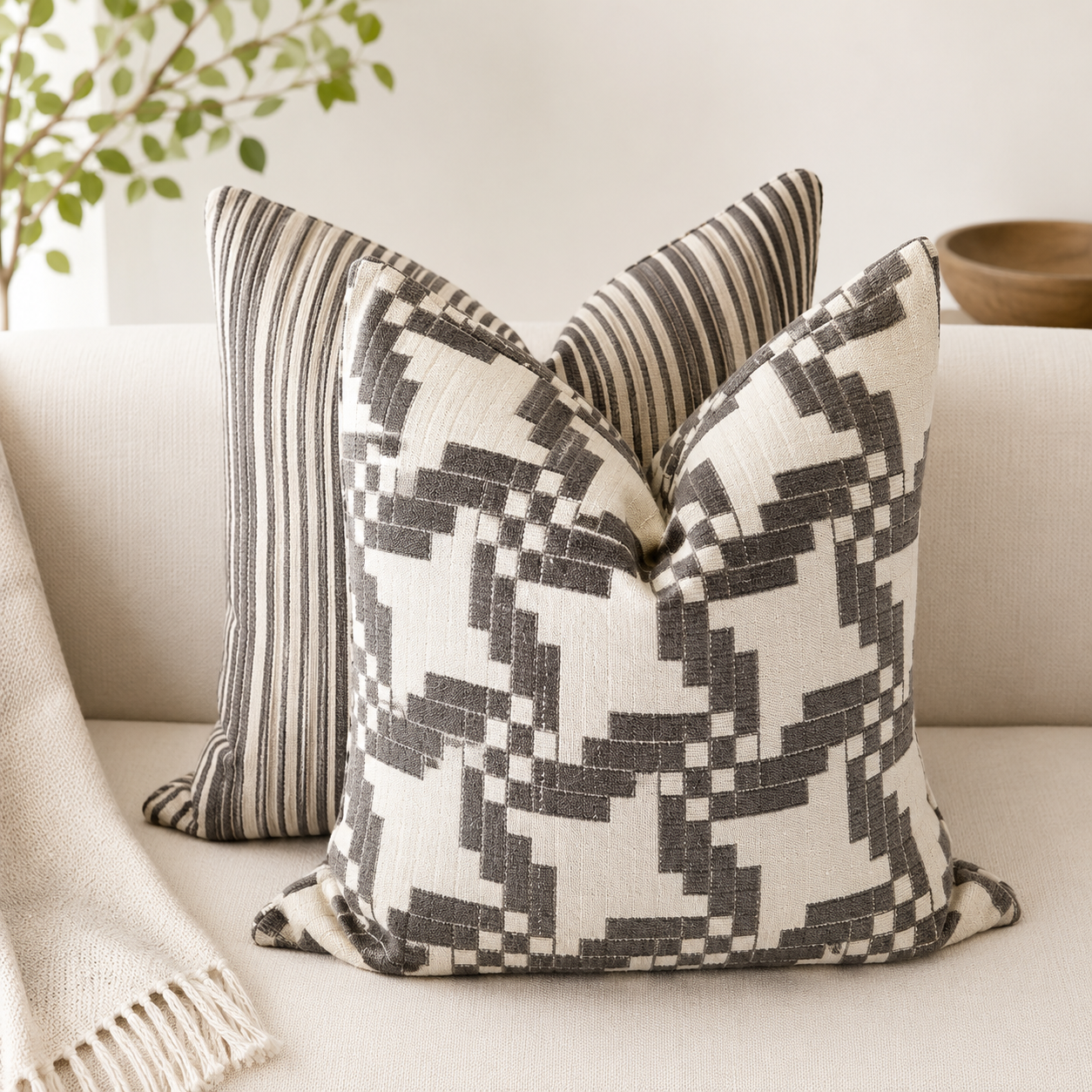 Coussin geometrique taupe