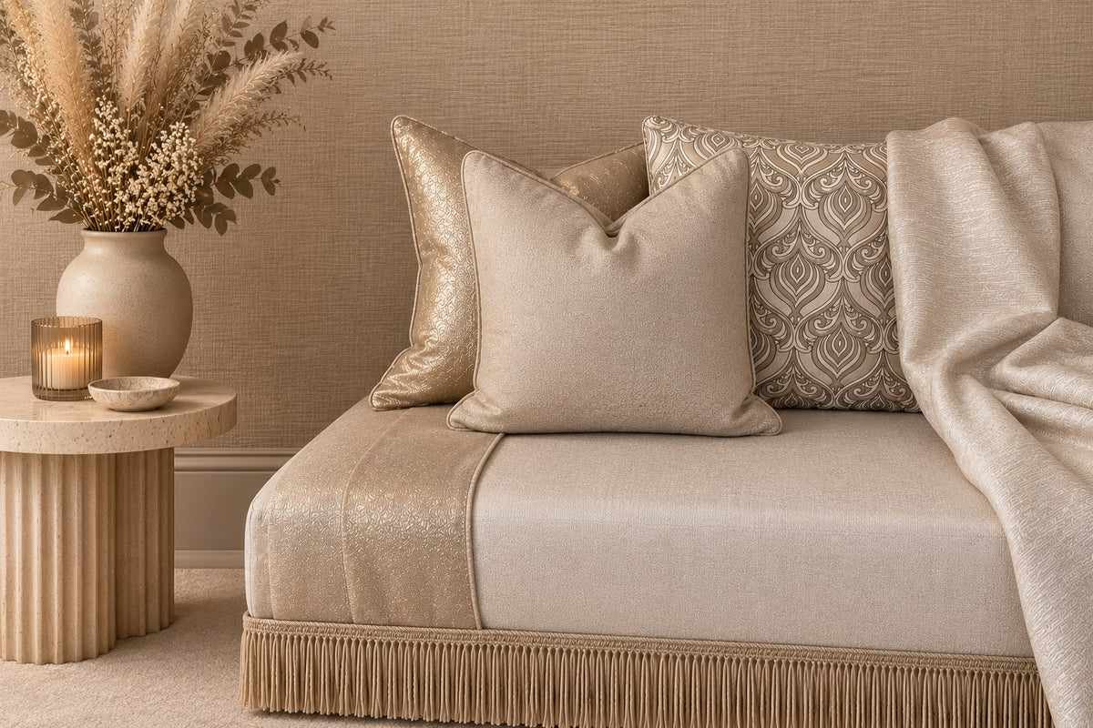 Salon chic aux tons taupe et écru avec coussins en tissu tissé Biyadi Collection et plaid assorti