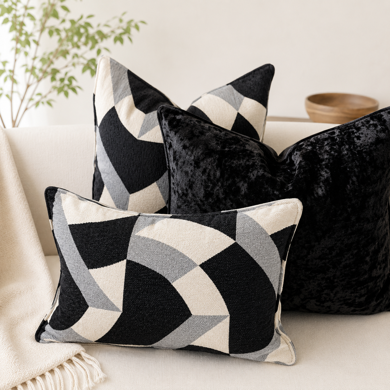 Coussin graphique noir et gris en chenille