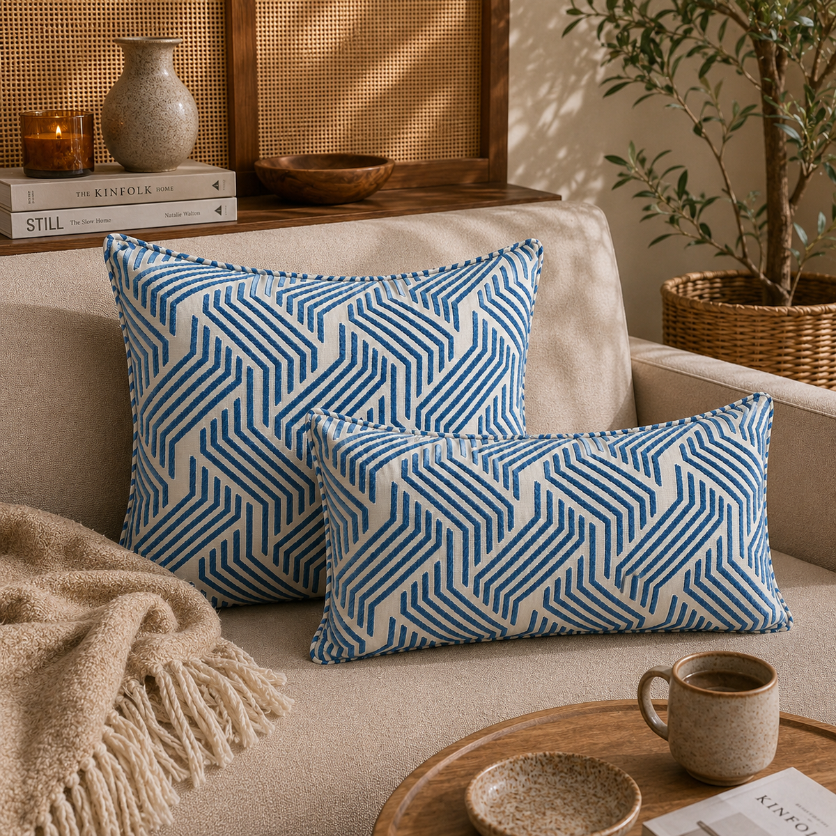 Coussins décoratifs bleu et écru à motif géométrique présentés en ambiance dans un intérieur contemporain.
