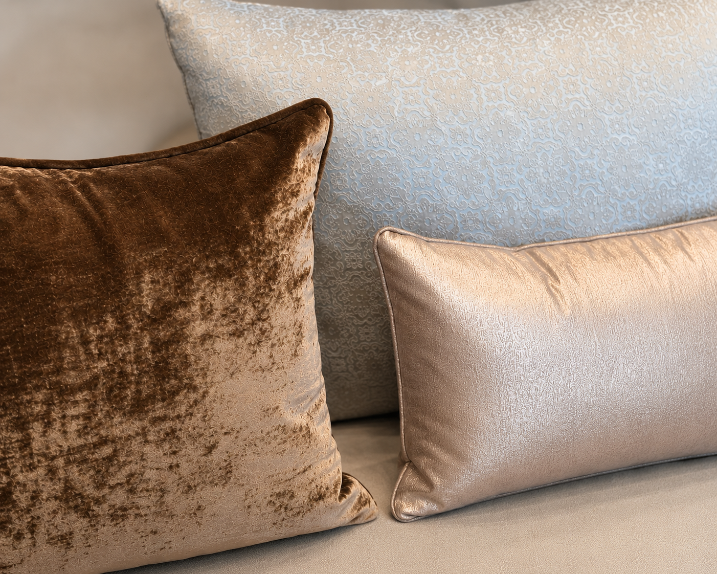Composition de coussins bronze et beige coordonnés à un tissu damassé floral vert eau ton sur ton, présentée dans un salon élégant avec tissus d’ameublement tissés au Maroc par Biyadi Collection.