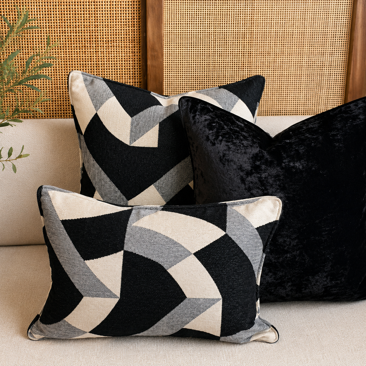 Composition de coussins décoratifs en chenille géométriques noir, gris et écru associée à un coussin en velours noir. Ensemble élégant et contemporain pour salon moderne.