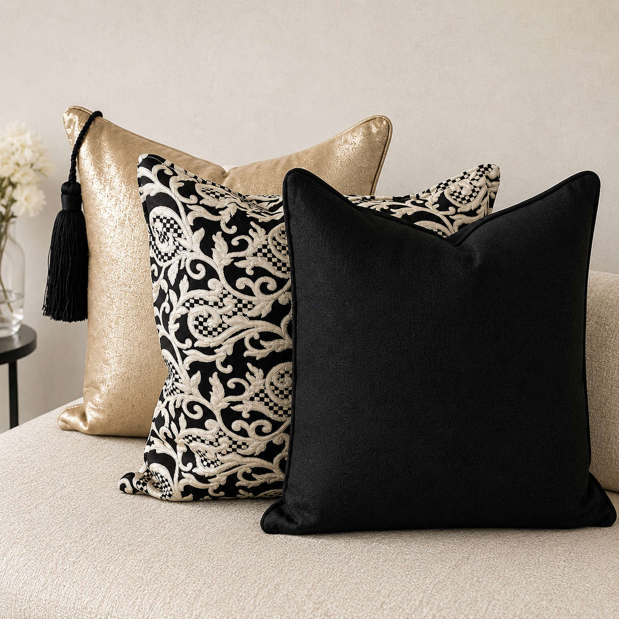 Composition de coussins décoratifs noirs, beige doré et motifs arabesques noir et écru sur une assise texturée. Une association élégante pour salon moderne ou marocain contemporain.