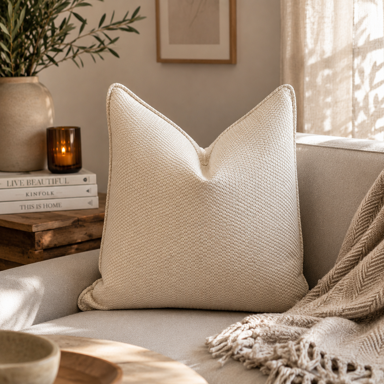 Coussin décoratif écru texturé en relief dans une ambiance douce et lumineuse, posé sur un canapé beige avec décoration naturelle et style intérieur élégant.