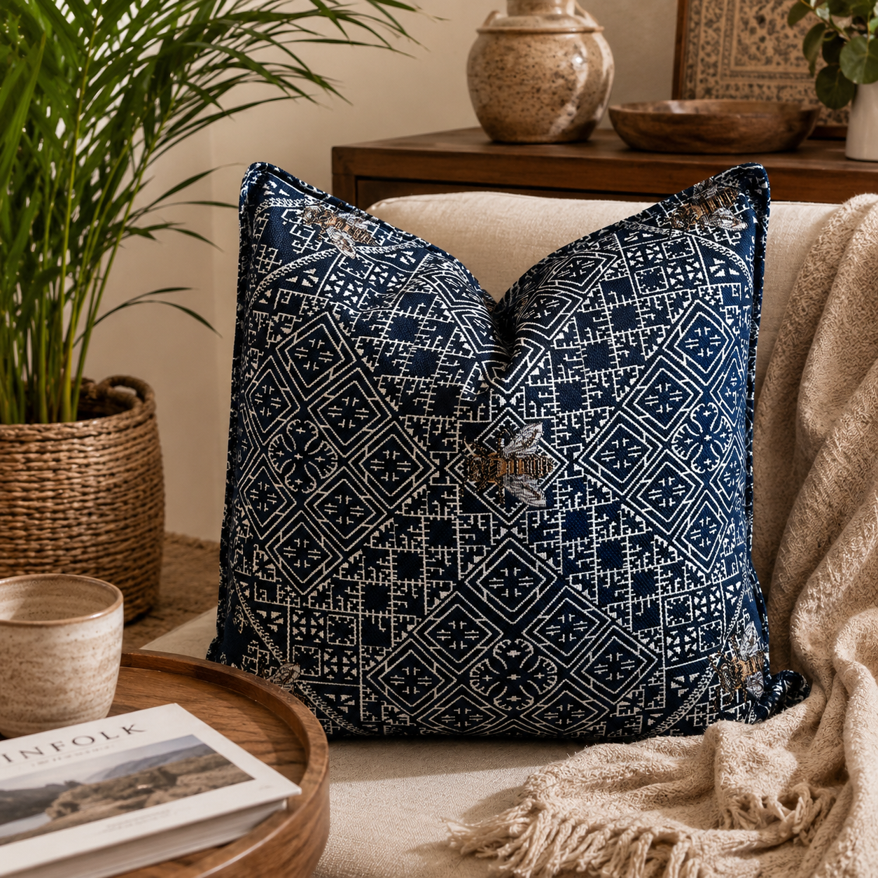 Coussin décoratif bleu nuit à motif géométrique marocain avec détails abeille dans une ambiance chaleureuse et élégante – Biyadi Collection.