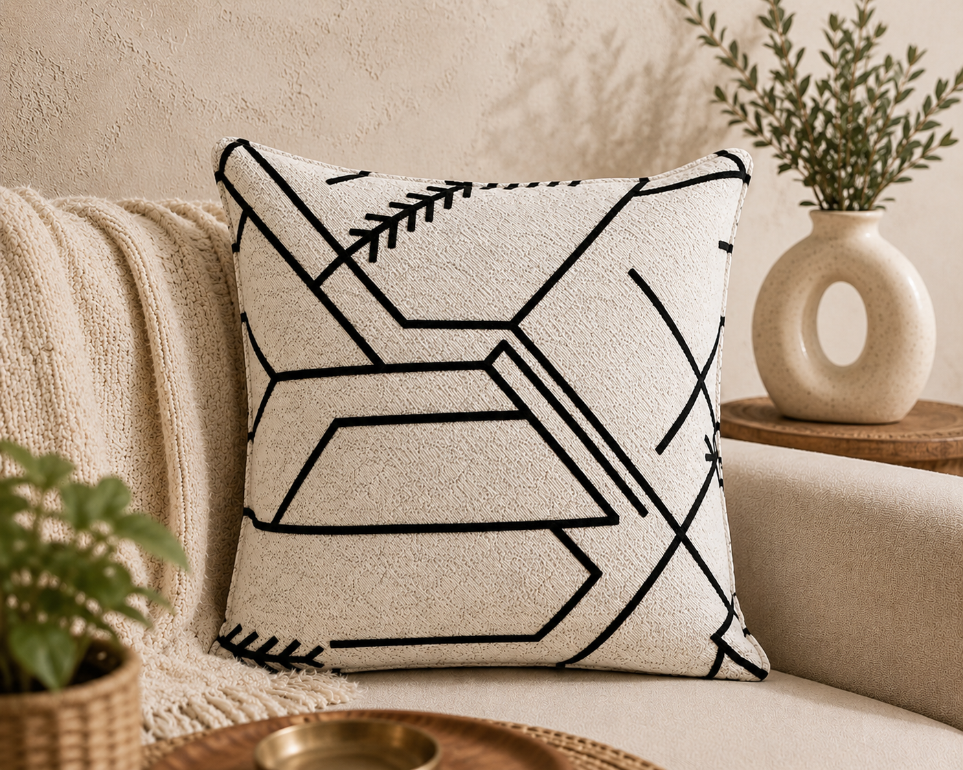 Coussin décoratif blanc cassé à motifs géométriques noirs dans une ambiance moderne avec canapé beige et décoration minimaliste élégante.