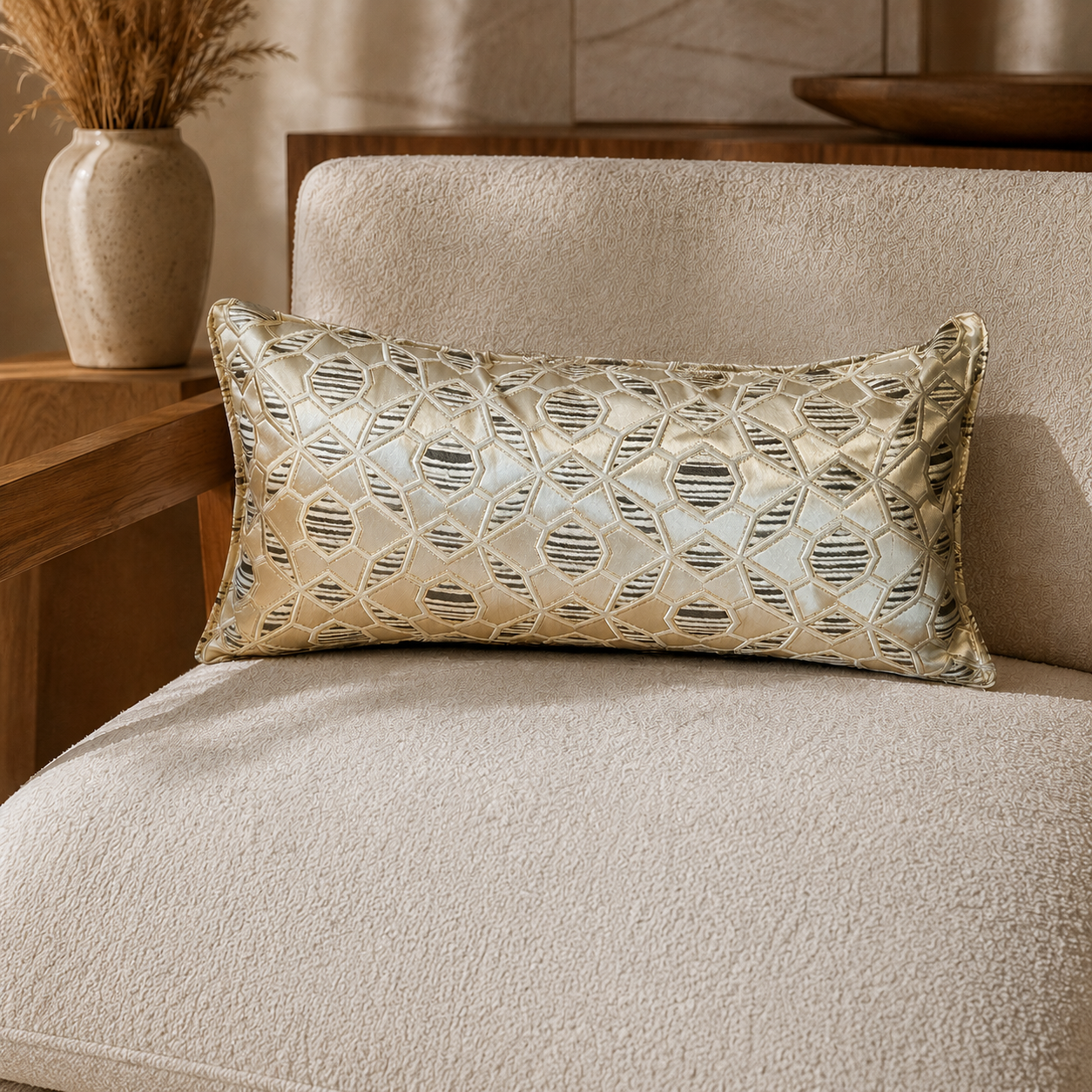 Coussin rectangulaire décoratif beige et taupe à motif géométrique tissé en relief, présenté dans une ambiance élégante et moderne.