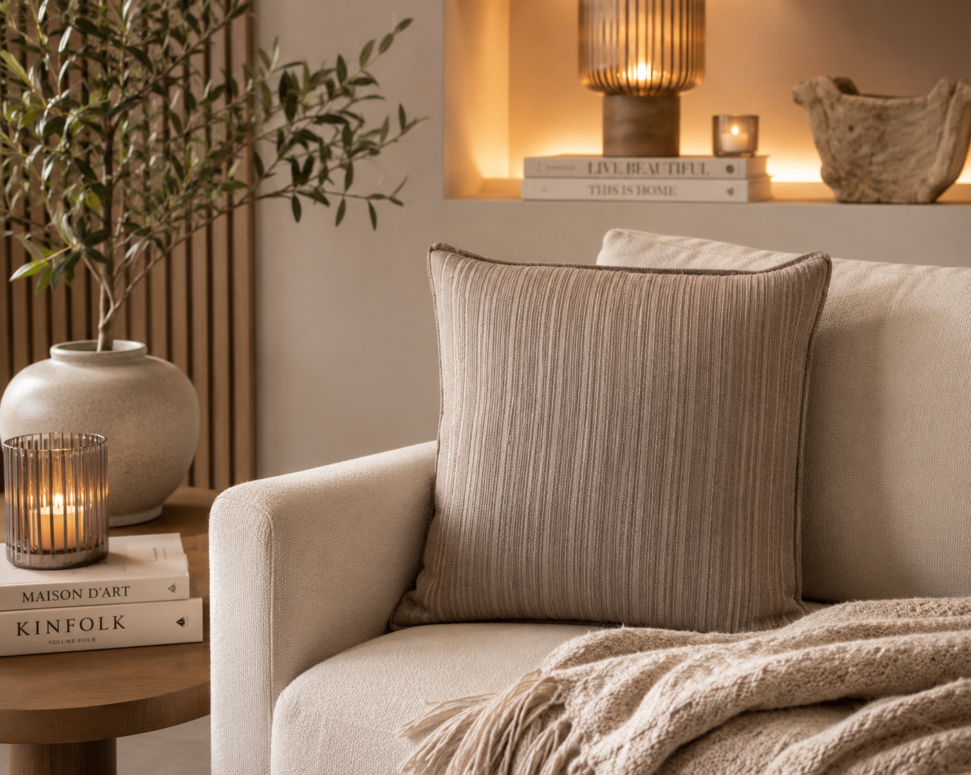 Coussin décoratif taupe texturé dans une ambiance chaleureuse et élégante avec fauteuil beige et décoration naturelle.