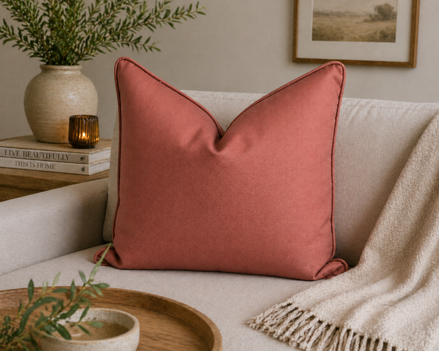 Coussin décoratif terracotta uni dans une ambiance chaleureuse et raffinée, posé sur un canapé beige avec décoration naturelle et style intérieur contemporain.