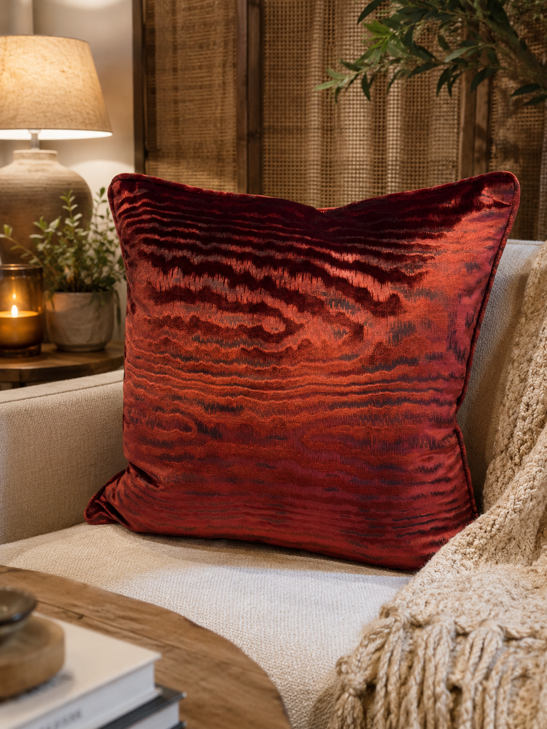 Coussin décoratif en velours rouille  à motif ondulé texturé, mis en ambiance dans un intérieur chaleureux et élégant style néobeldi.
