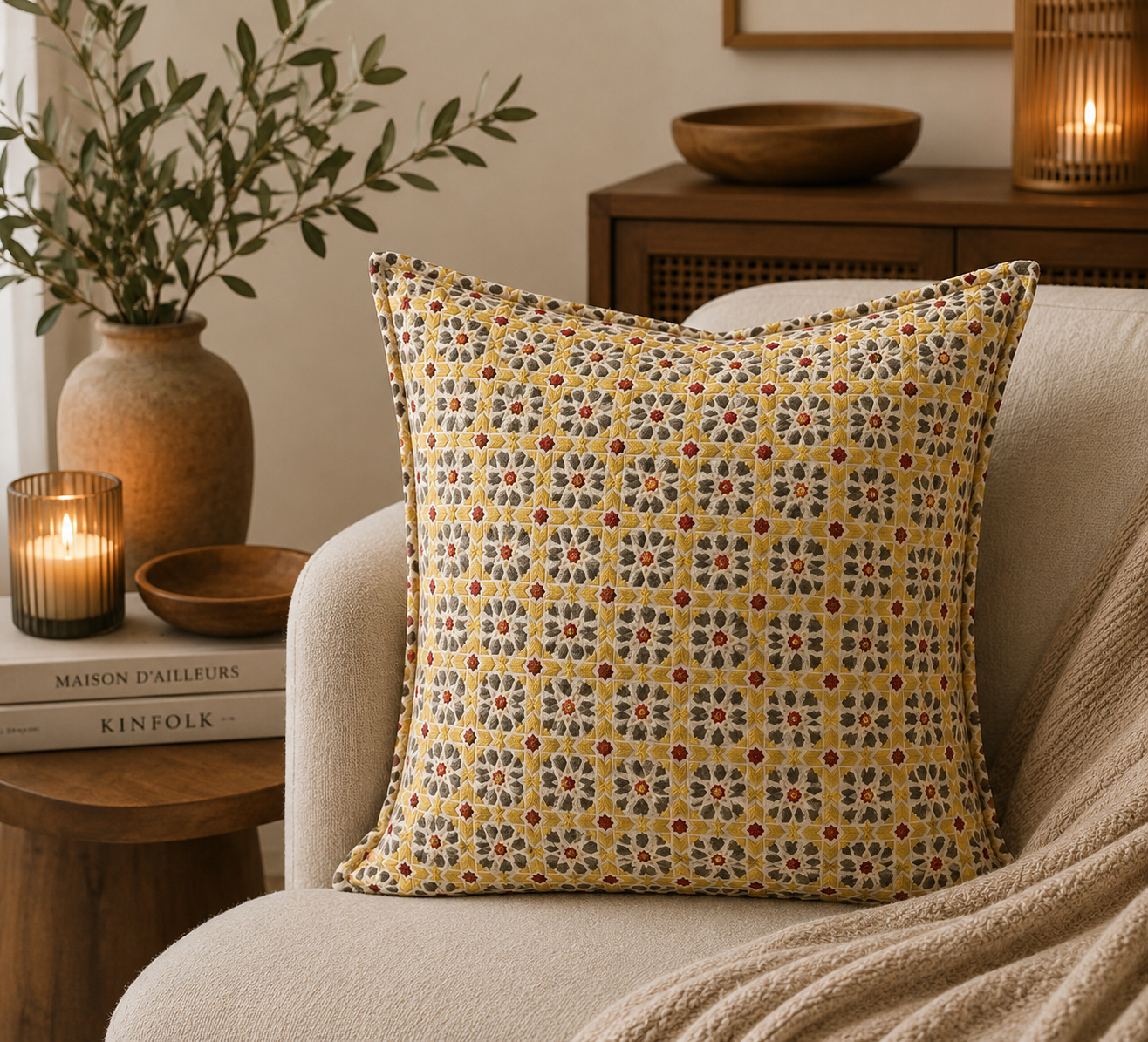 Coussin décoratif à motif mosaïque marocain jaune safran, terracotta et gris sur fond écru