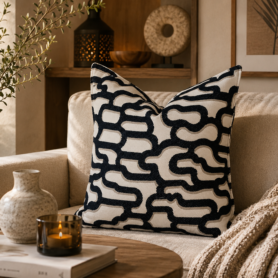 Coussin abstrait bleu et ecru en tissu marocain haut de gamme dans une ambiance salon chaleureuse et élégante avec décoration naturelle et lumière tamisée – Biyadi Collection.