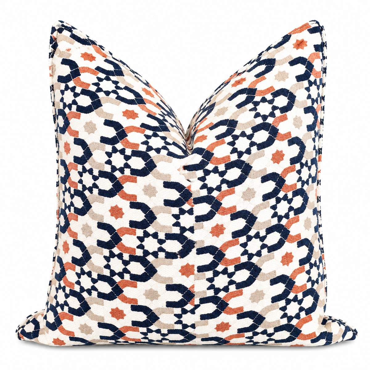 Coussin décoratif Beldi moderne bleu marine, écru et ocre avec motifs graphiques tissés, Collection Biyadi.