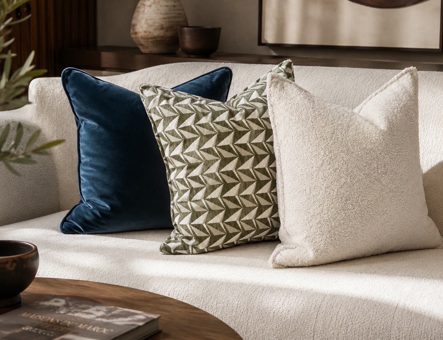 Composition de coussins décoratifs haut de gamme bleu nuit, bouclette écru et motif géométrique vert sauge sur canapé crème dans une ambiance élégante et chaleureuse.