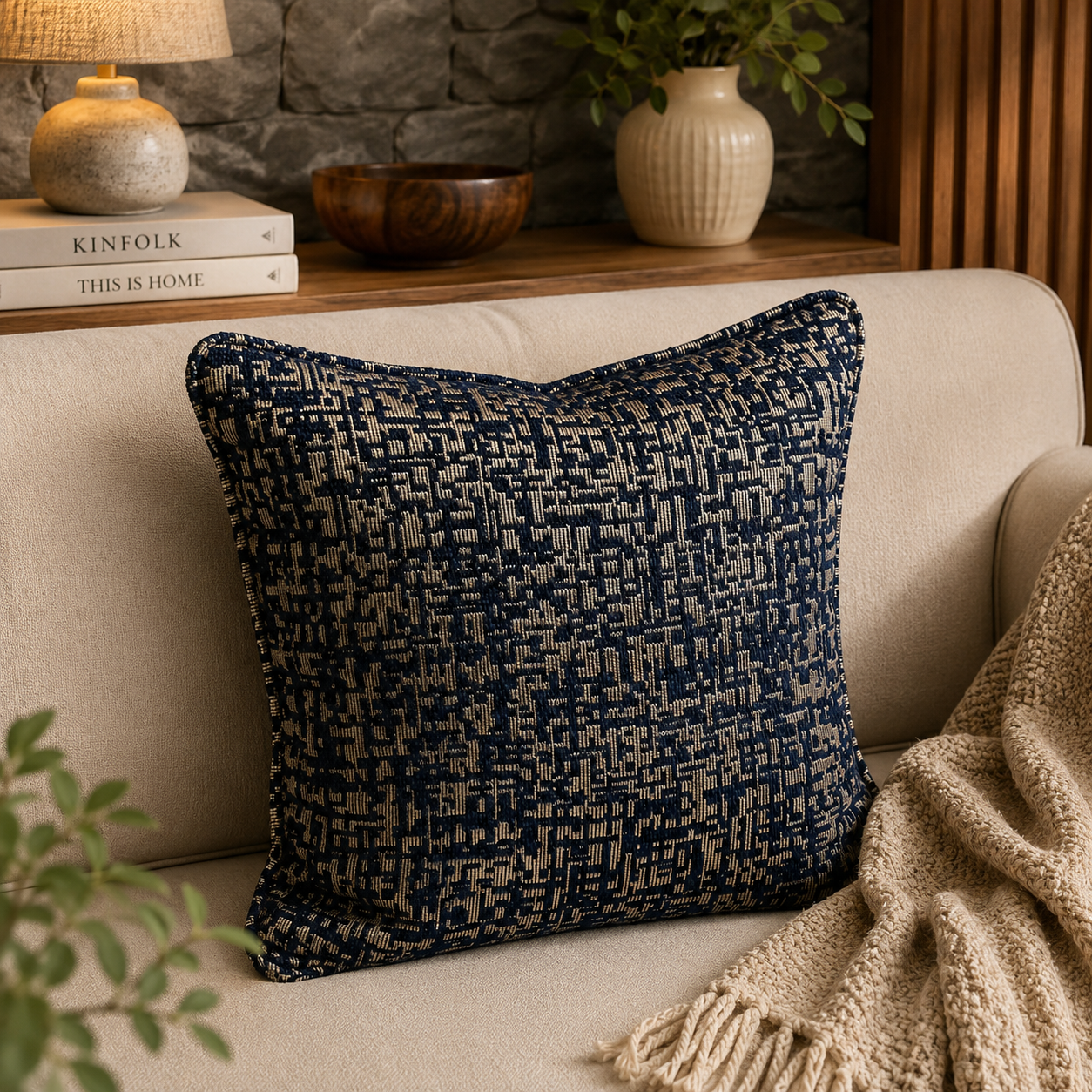 Coussin décoratif bleu nuit et bronze à motif graphique texturé posé sur un canapé dans un salon chaleureux.