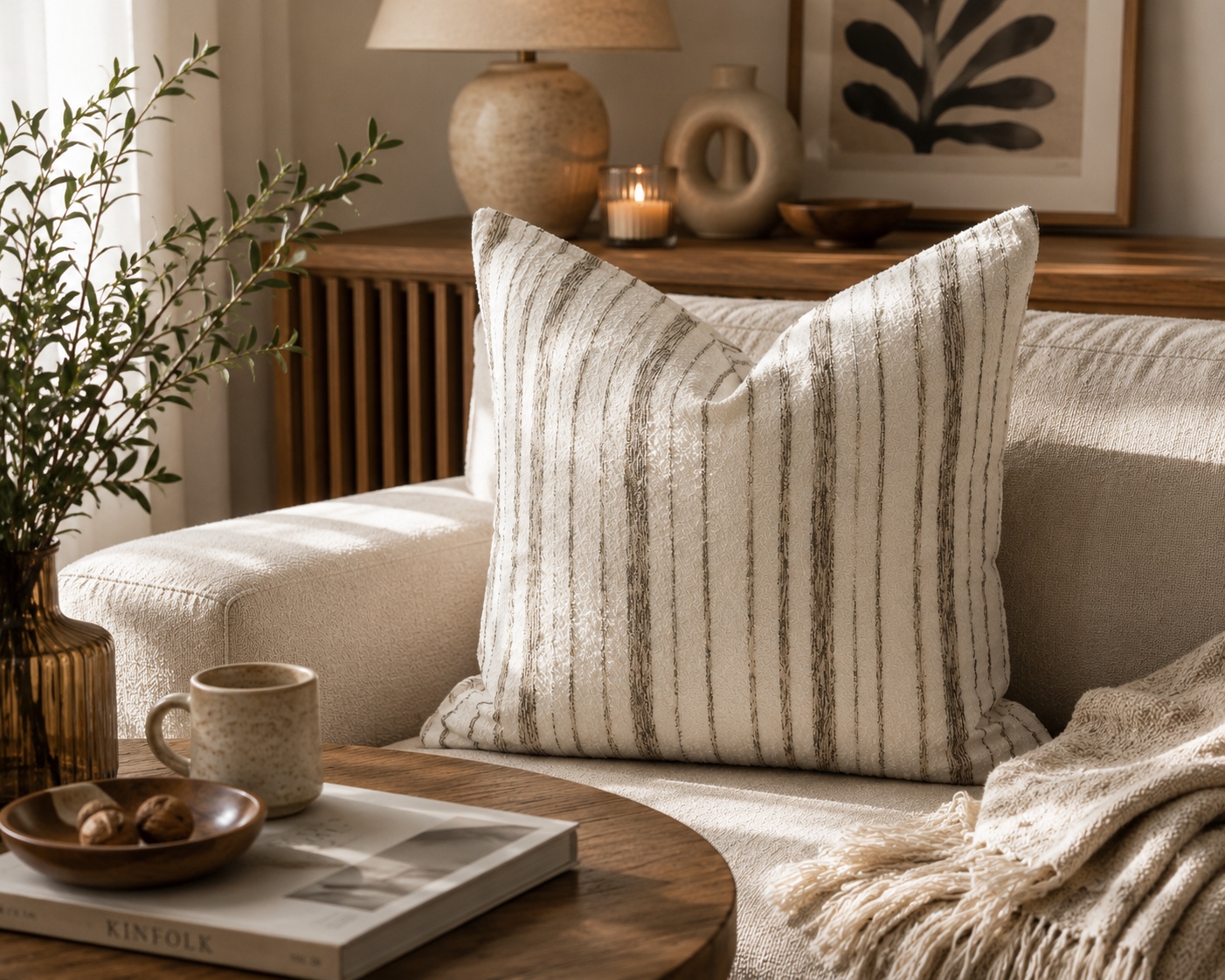 Coussin bouclette rayé beige et taupe dans une ambiance salon chaleureuse et élégante avec décoration naturelle et mobilier en bois – Biyadi Collection.