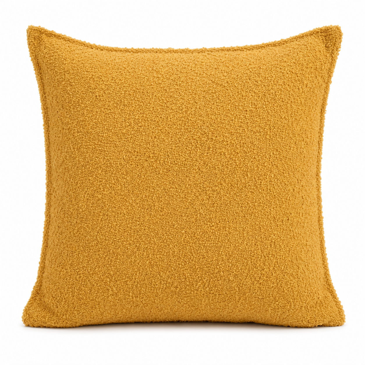 Coussin carré jaune en tissu bouclette , idéal pour une décoration intérieure chaleureuse et moderne.