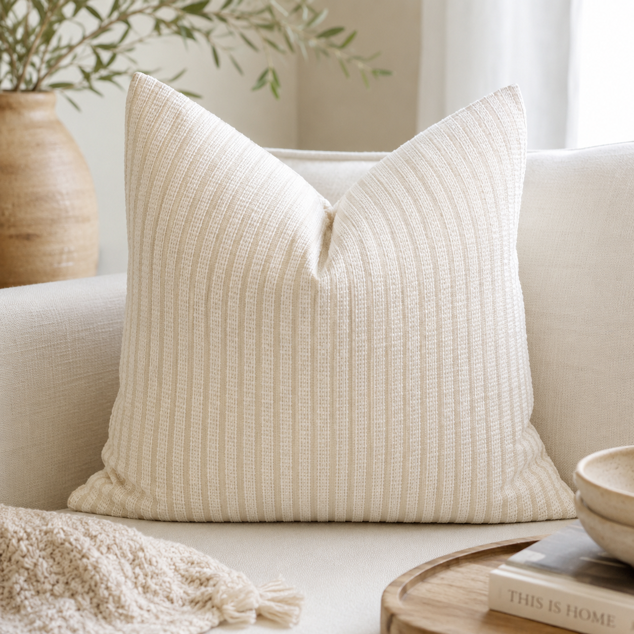 Coussin carré écru texturé à fines rayures dans une ambiance chaleureuse et minimaliste, posé sur un canapé clair dans un salon moderne.