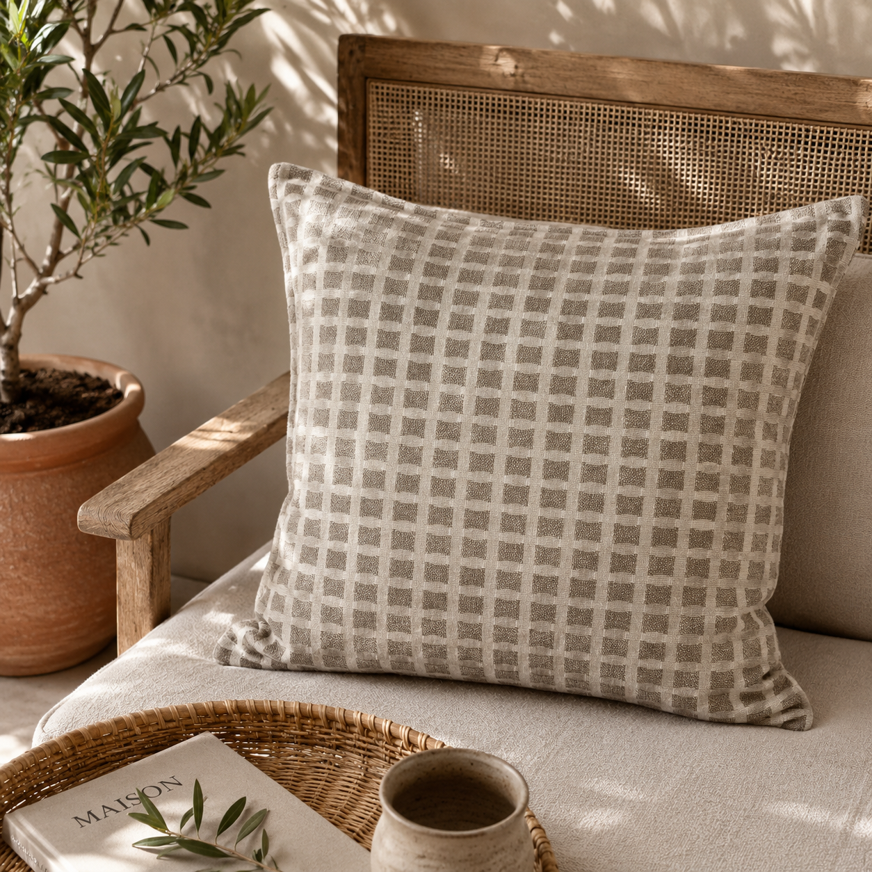 Coussin décoratif à motif carreaux taupe et écru dans une ambiance naturelle et chaleureuse avec fauteuil en bois et décoration bohème chic.