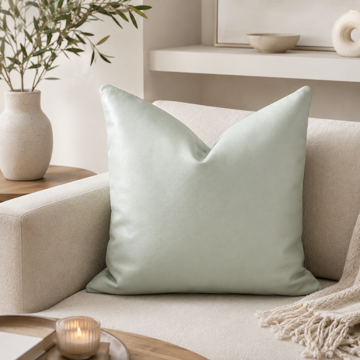 Coussin carré en cuir blanc posé sur un canapé beige dans une ambiance intérieure élégante, minimaliste et chaleureuse.