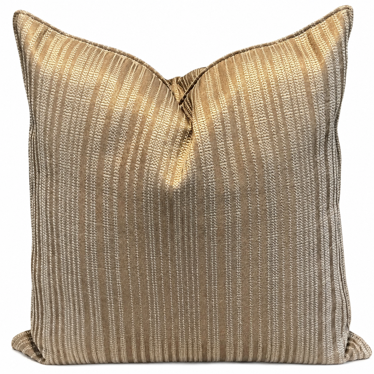 Coussin décoratif taupe et gris à fines rayures verticales texturées, Collection Biyadi.