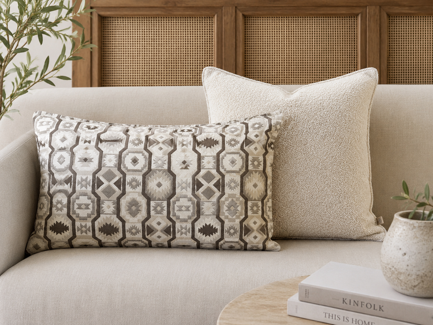 Coussin décoratif ethnique taupe et écru associé à un coussin bouclette écru sur banquette beige