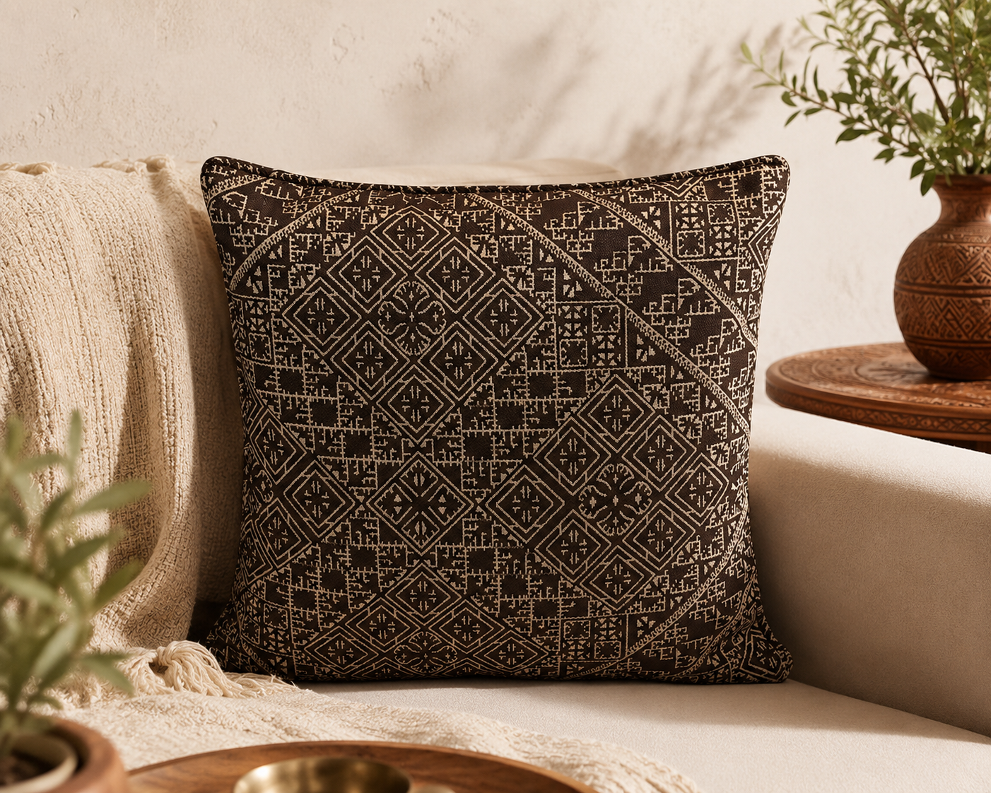 Coussin décoratif marron à motif ethnique marocain dans une ambiance néobeldi chic aux tons naturels et chaleureux.