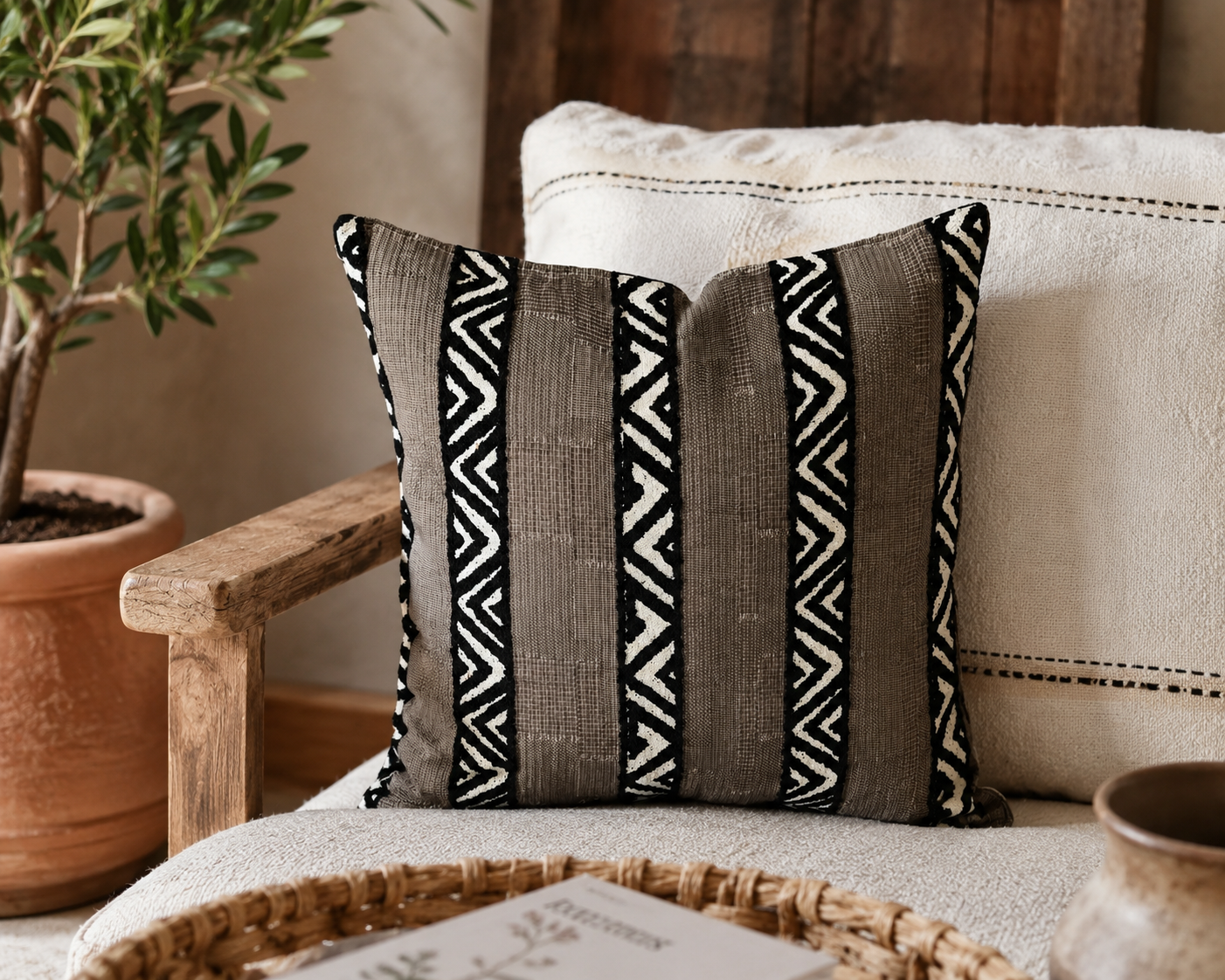 Coussin décoratif ethnique marron et noir dans une ambiance chaleureuse avec fauteuil bouclette, bois naturel et décoration bohème chic.