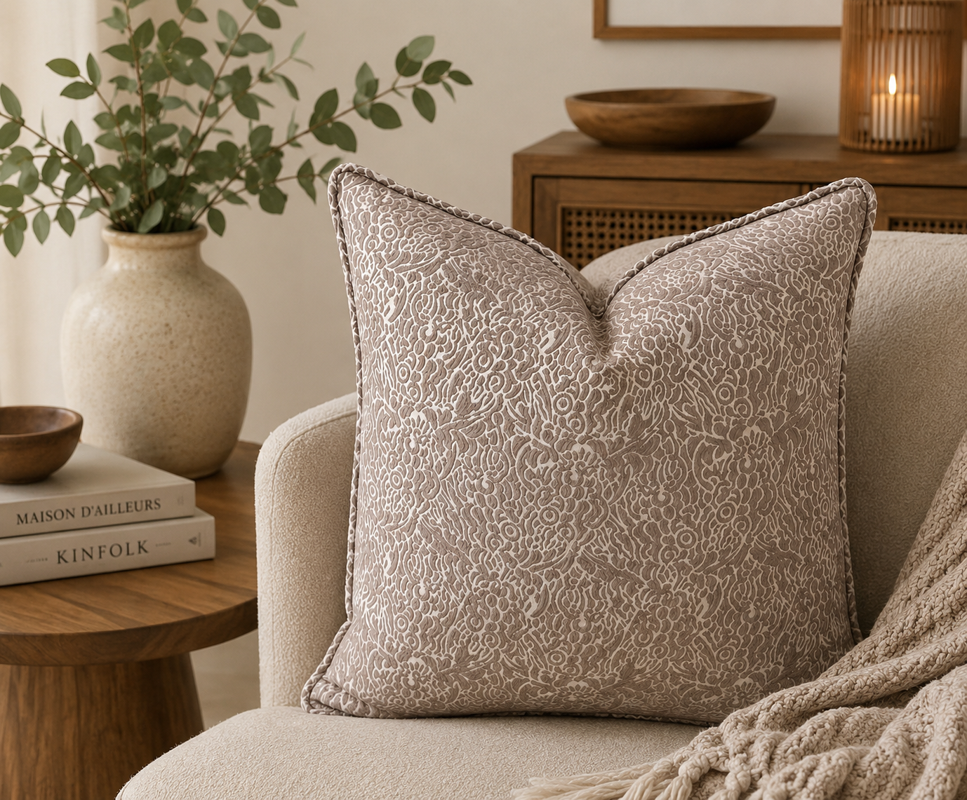 Coussin décoratif taupe à motif floral en relief dans une ambiance élégante et chaleureuse avec fauteuil beige, bois naturel et décoration raffinée.