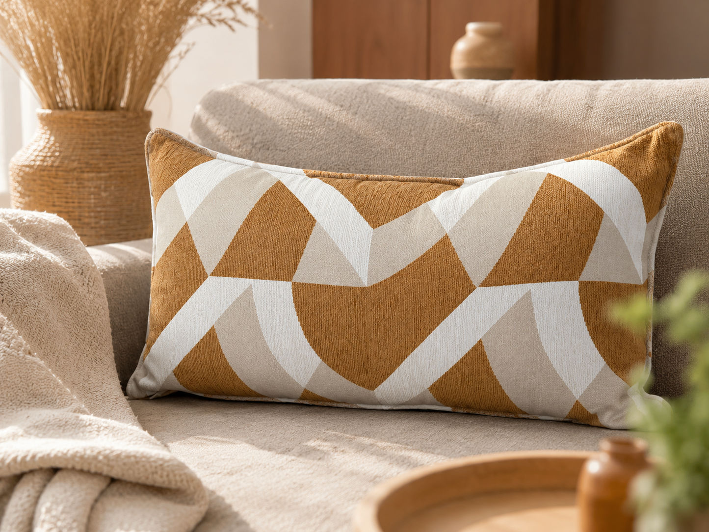 Coussin rectangulaire à motif géométrique cuivré dans une ambiance chaleureuse et moderne, posé sur un canapé beige avec décoration naturelle.