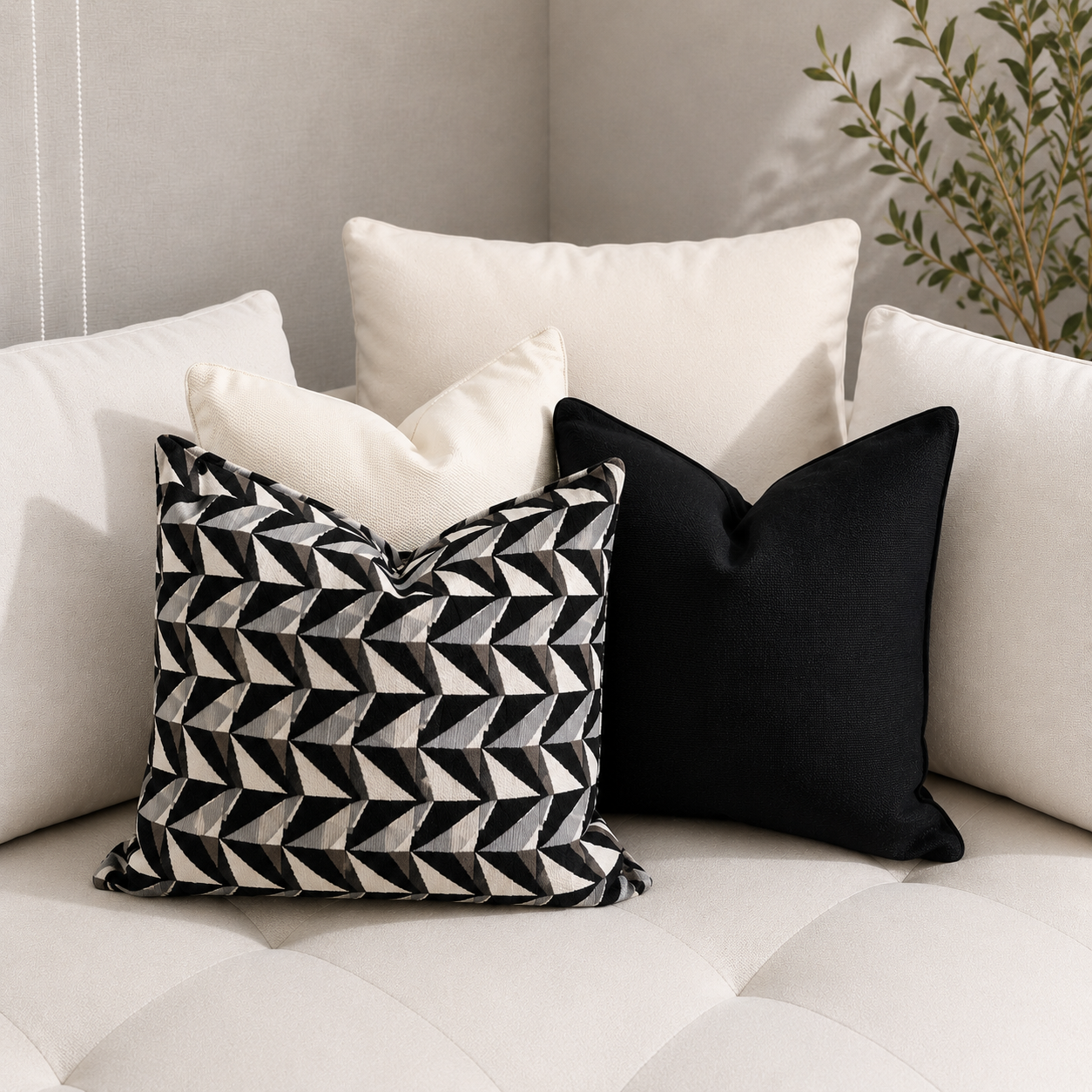 Coussin décoratif noir et blanc à motif géométrique associé à un coussin uni noir sur un canapé écru dans un intérieur contemporain.