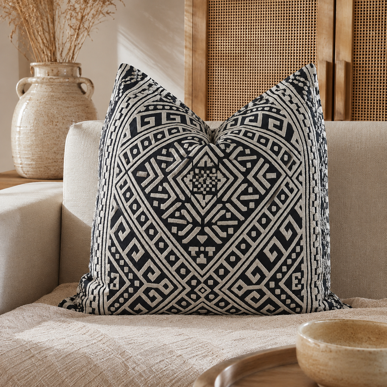 Coussin noir sablé à motifs géométriques dans une ambiance néobeldi élégante avec canapé beige et décoration naturelle – Biyadi Collection.
