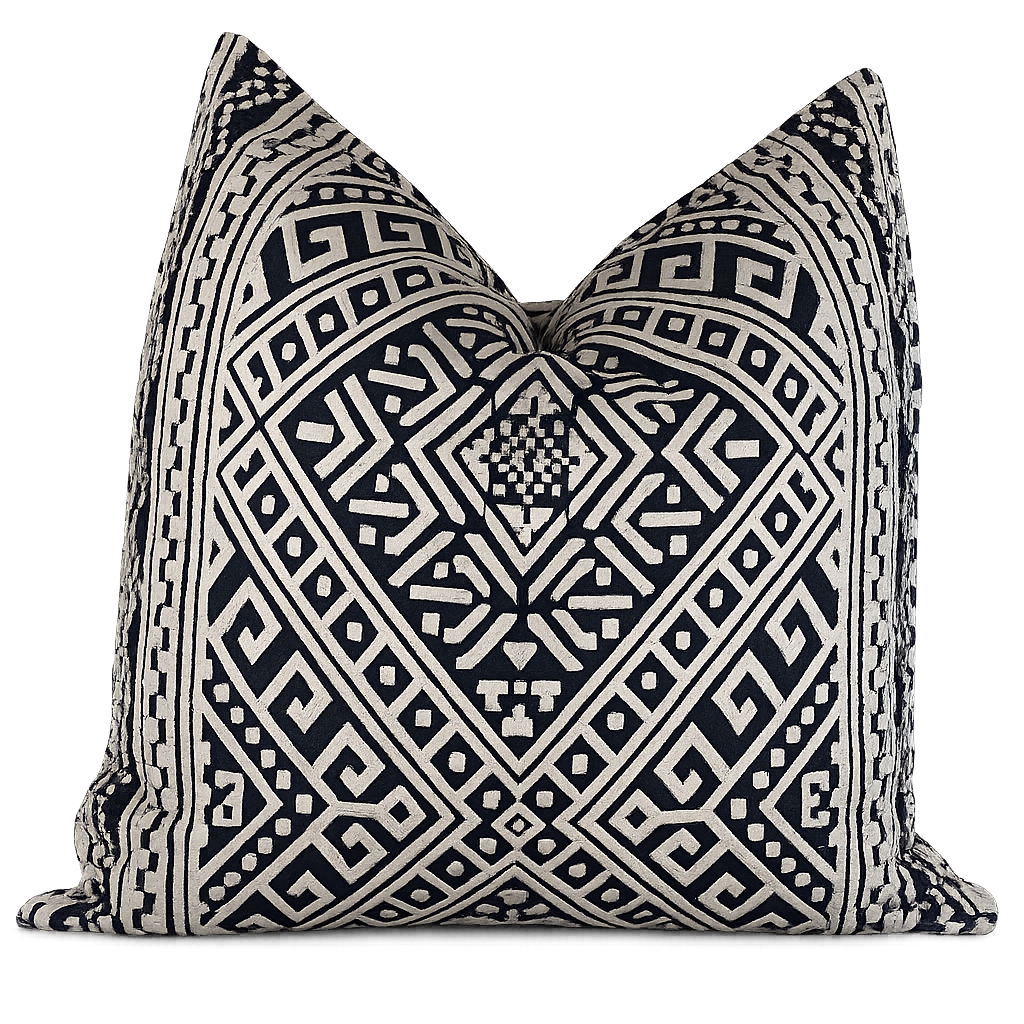 Coussin décoratif noir sablé à motifs géométriques d’inspiration néobeldi, photographié sur fond blanc pour boutique Shopify – Biyadi Collection