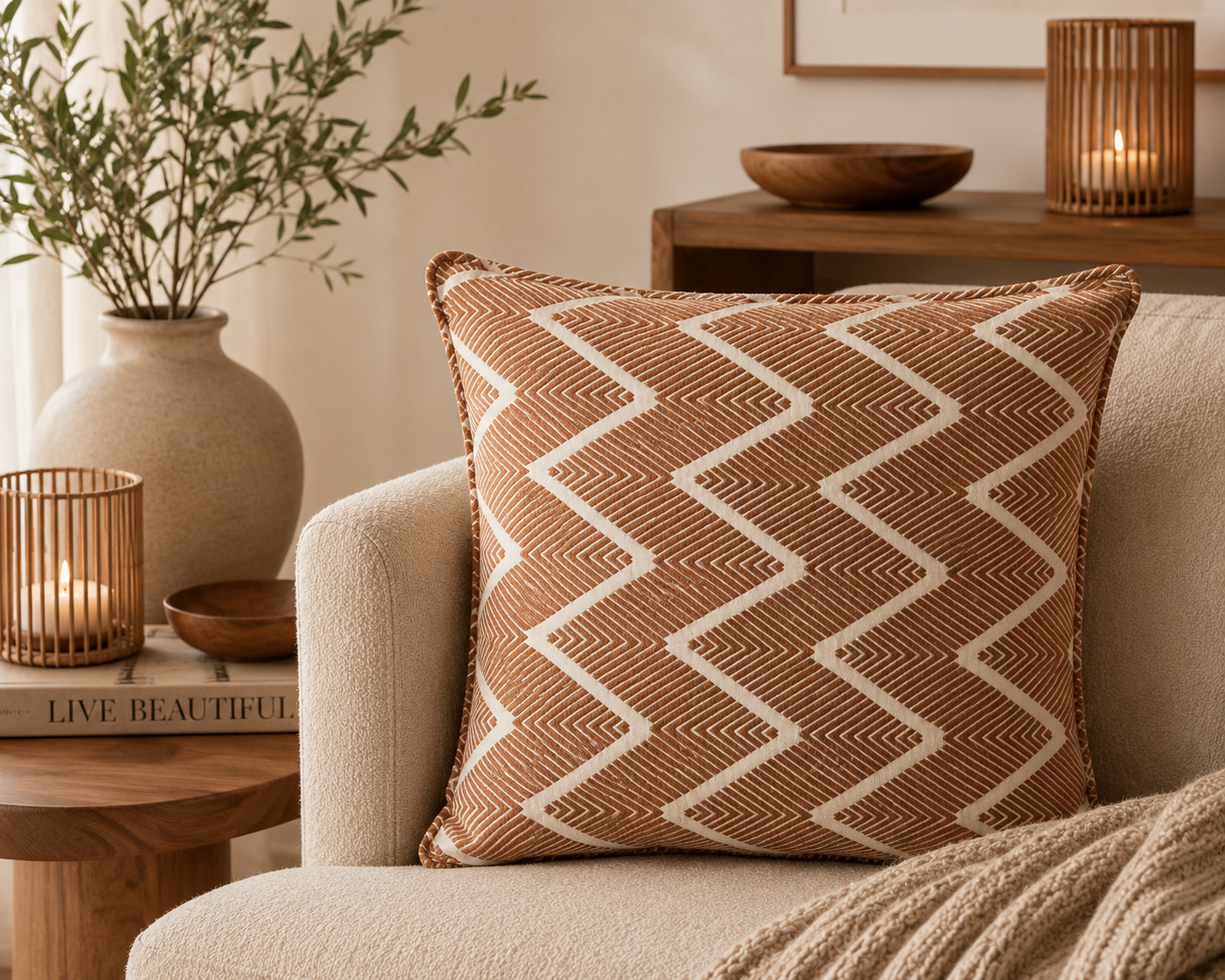 Coussin décoratif géométrique tabac et écru dans une ambiance chaleureuse et moderne avec canapé bouclette beige et décoration naturelle.