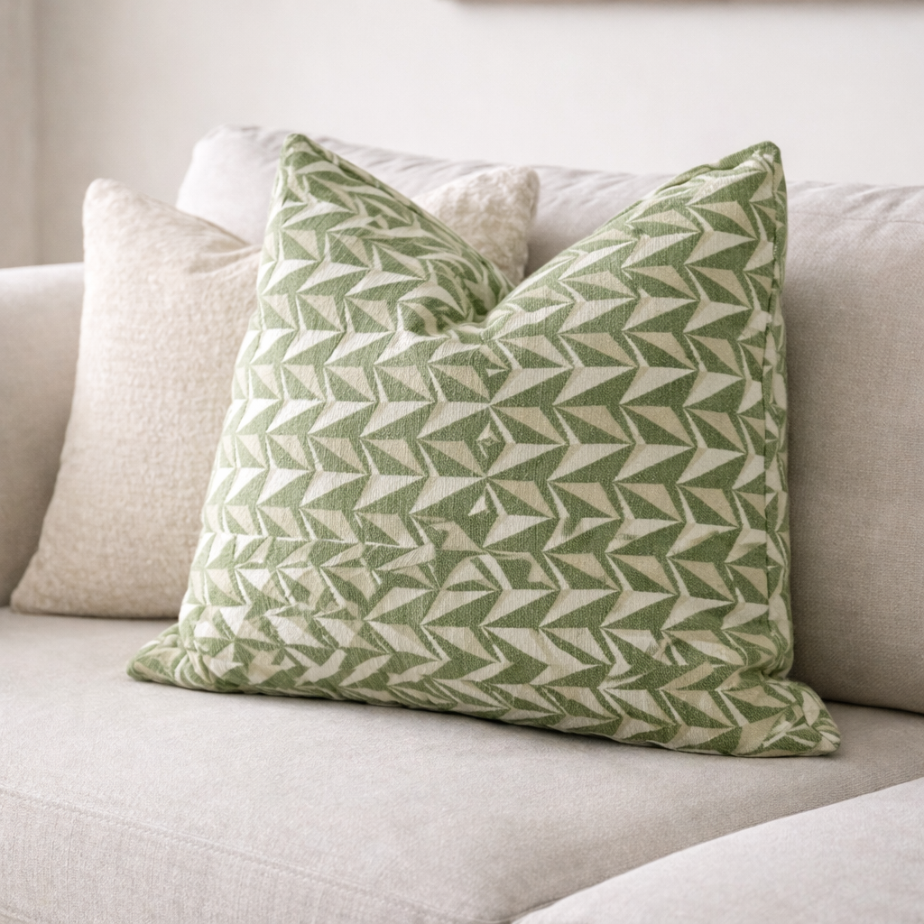 Coussin décoratif géométrique vert et écru dans un salon contemporain sur canapé blanc cassé