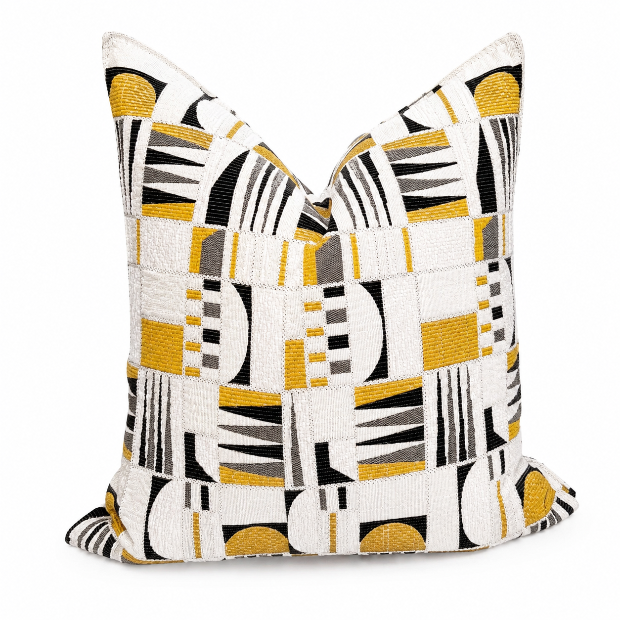 Coussin décoratif graphique jaune, gris et écru .