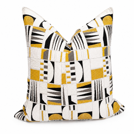 Coussin décoratif graphique jaune, gris et écru .