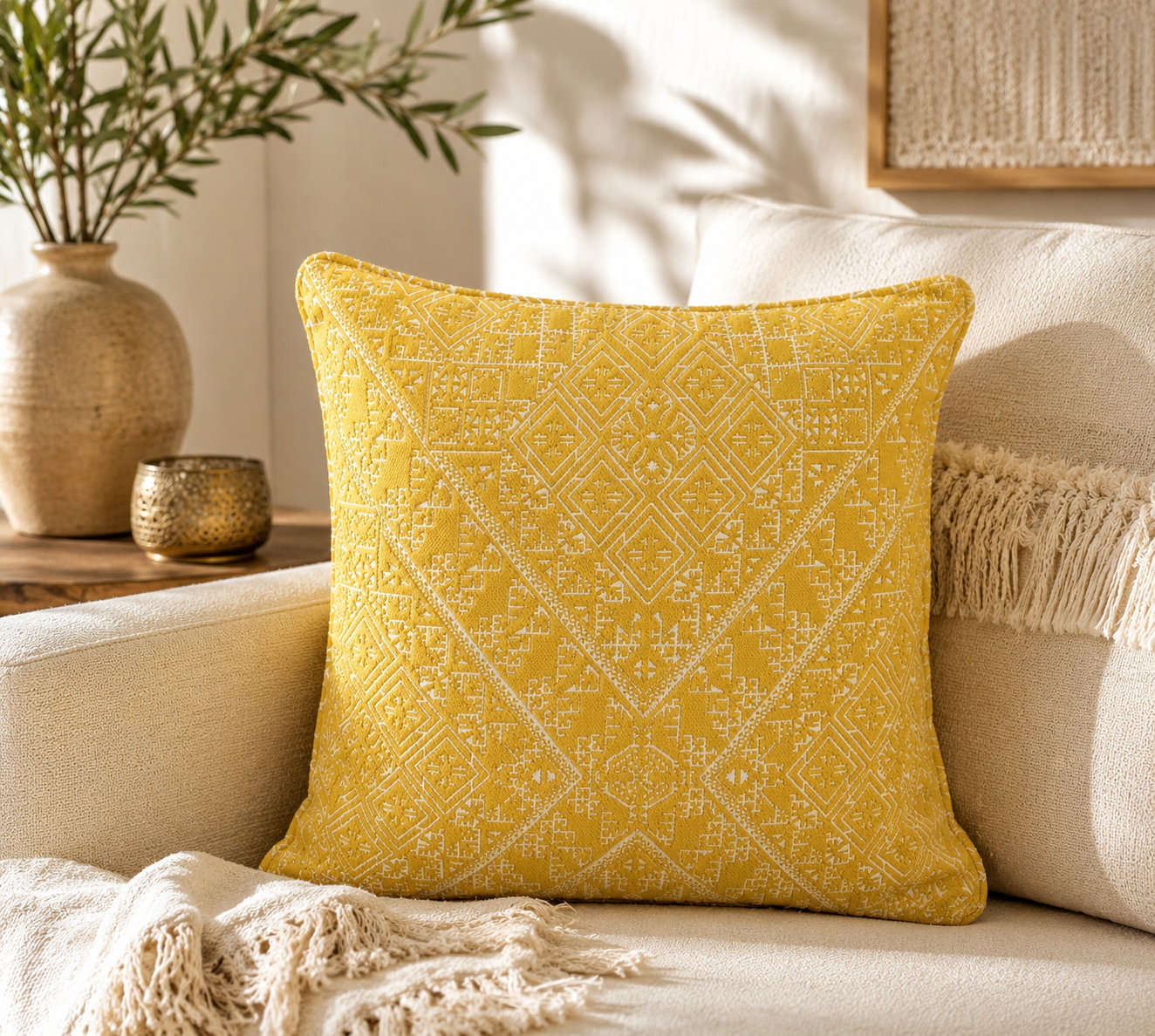 Coussin décoratif jaune  à motifs ethniques tissés en relief dans une ambiance chaleureuse et élégante.