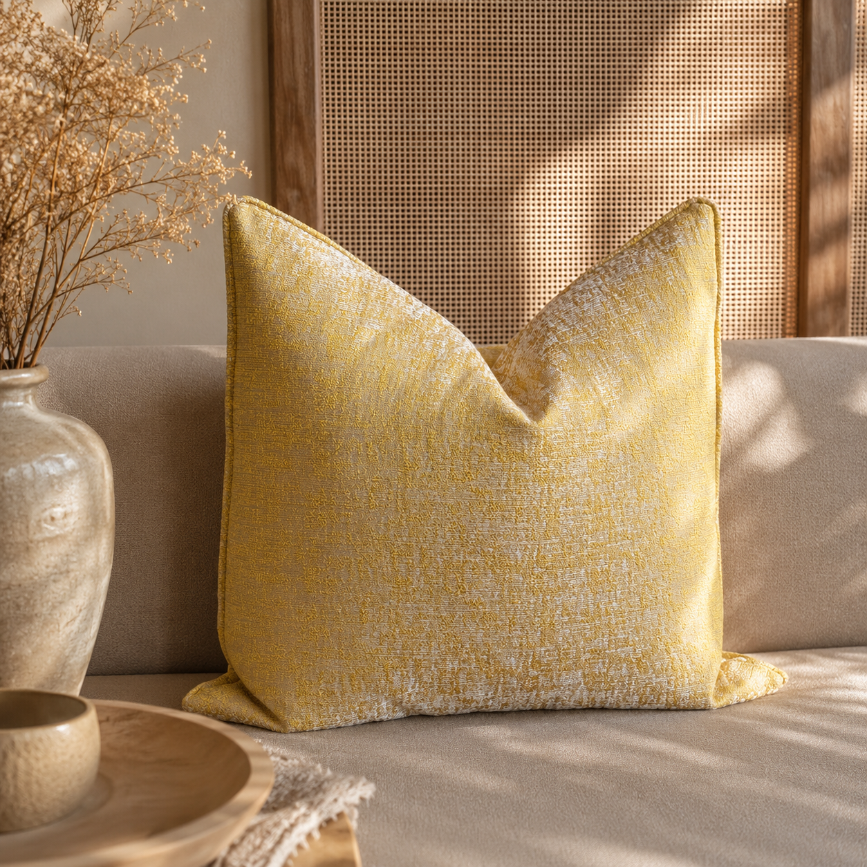 Coussin décoratif jaune texturé dans une ambiance chaleureuse et élégante, posé sur un canapé beige avec fond en cannage naturel et lumière douce.