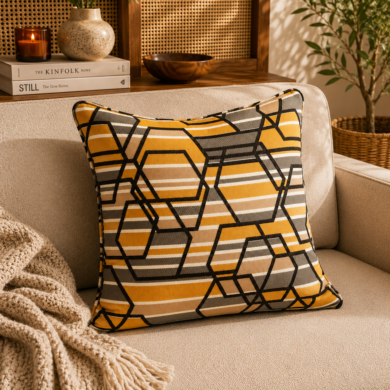 Coussin décoratif moutarde, beige et marron à motif géométrique présenté sur un canapé dans un salon chaleureux.
